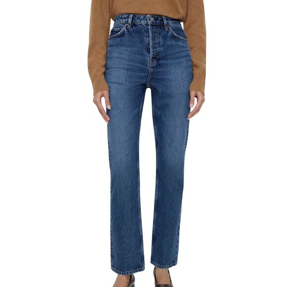 Reformation Denim - Reformation Medium Blue Button Fly Cynthia High Rise Long Straight Jeans size 23
